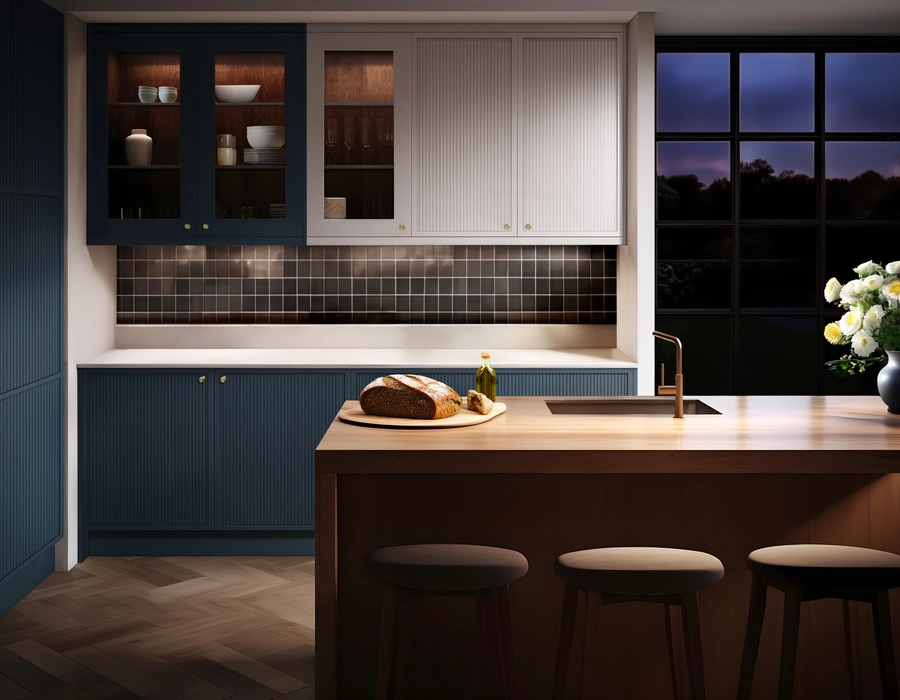 Holmbury Reeded Kitchen Doors By NMB Kitchens and Bathrooms Bespoke Painted in Farrow and Ball