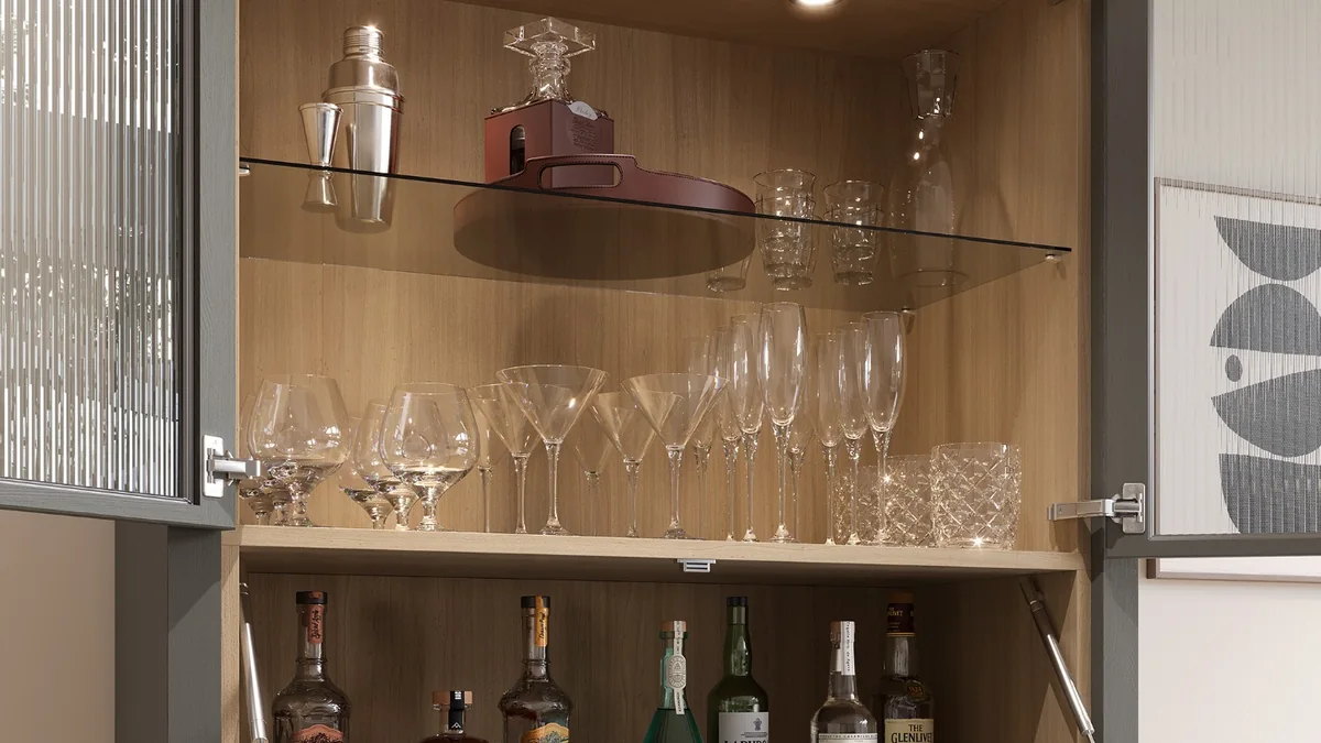 kitchen storage ideas - Drinks cabinet with fluted glass doors and micro shaker drawers